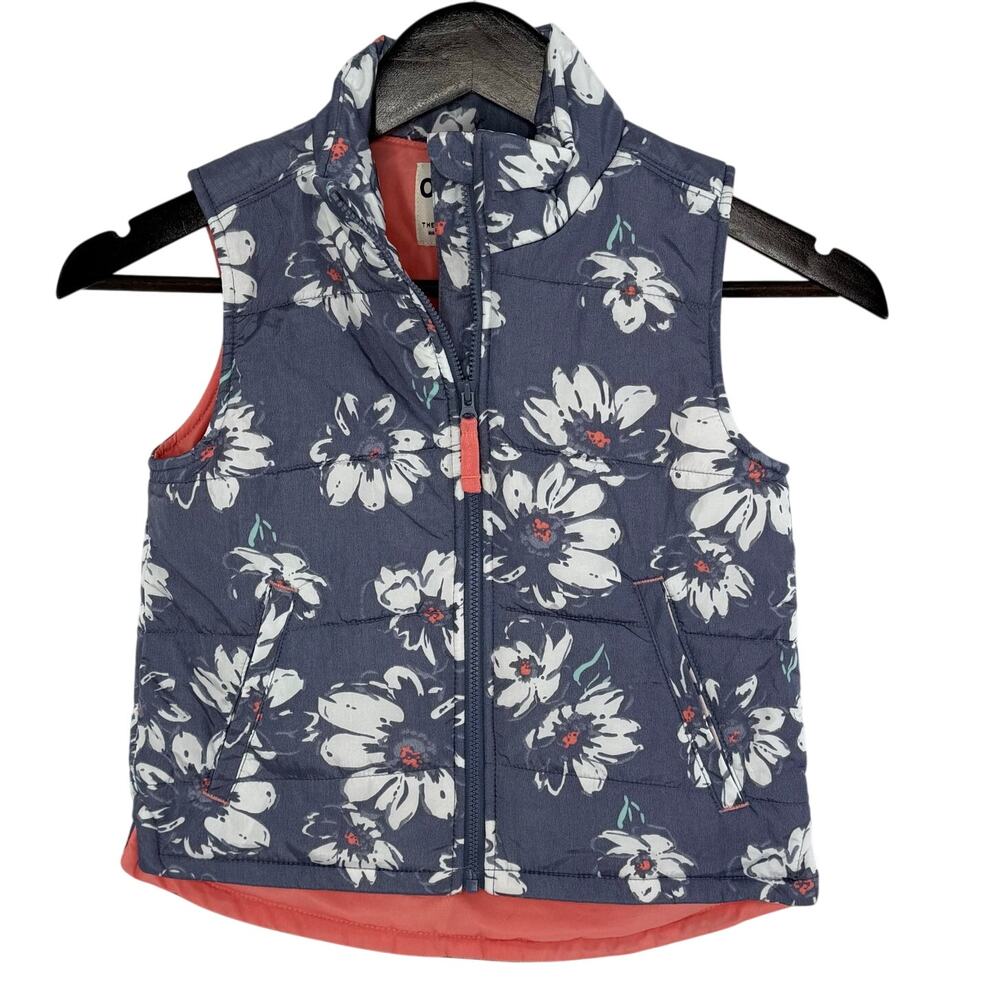 OshKosh Floral Puffer Vest Girls 6 6X Blue Coral Lightweight Layer